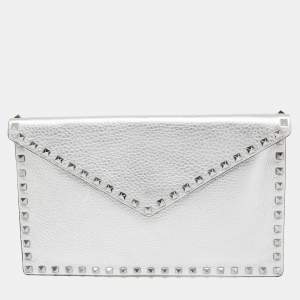 Valentino Silver Leather Rockstud Envelope Flap Clutch