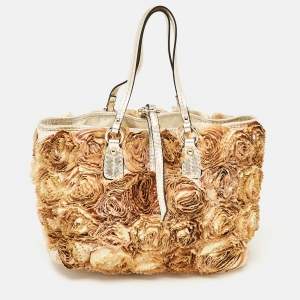 Pre Owned Valentino Multicolor Flower Applique Satin and Leather Tote