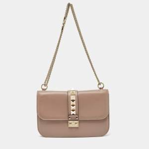 Pre Owned Valentino Beige Leather Medium Glam Lock Chain Shoulder Bag