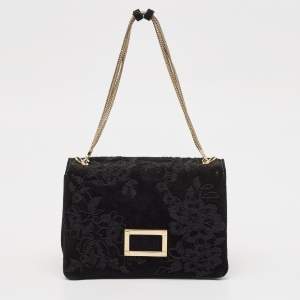 Pre Owned Valentino Black Suede Embroidered Chain Shoulder Bag