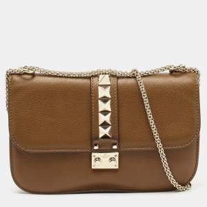 Pre Owned Valentino Brown Leather Medium Rockstud Glam Lock Flap Bag