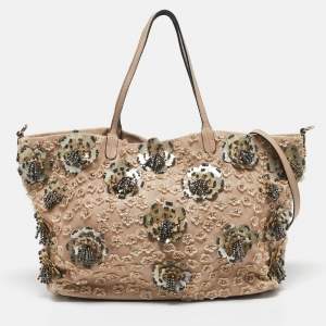 Pre Owned Valentino Beige Leather Sequin Beaded Applique Tote