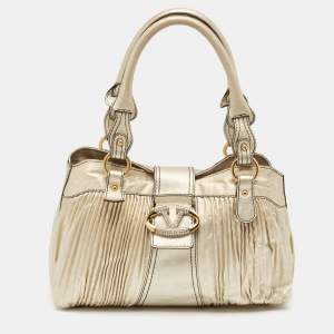 Valentino Gold Pleated Leather Crystal Catch Satchel