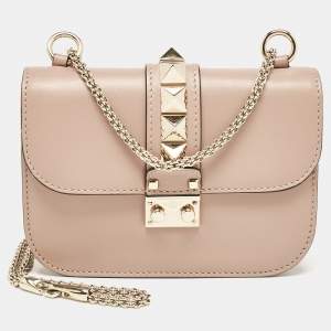 Pre Owned Valentino Beige Leather Small Rockstud Glam Lock Flap Bag