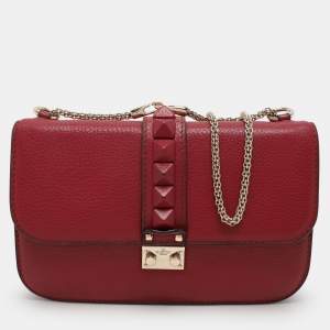 Valentino Burgundy Leather Medium Rockstud Glam Lock Flap Bag