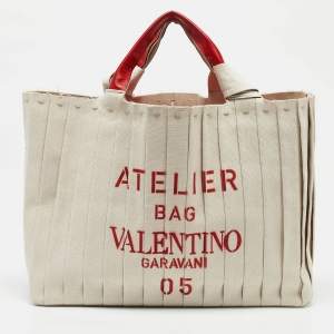 Valentino Red/Natural Canvas Large Plisse Edition Atelier 05 Tote