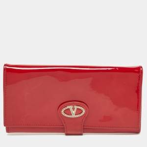 Valentino Red Patent Leather Crystals Catch Flap Continental Wallet