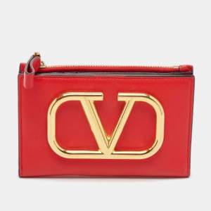 Pre Owned Valentino Red Leather VLogo Bifold Card Case