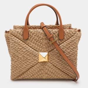Pre Owned Valentino Beige/Brown Leather and Raffia Medium One Stud Tote