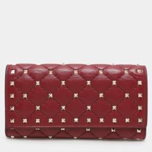 Pre Owned Valentino Burgundy Leather Rockstud Spike Continental Wallet