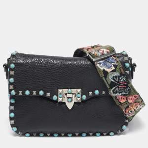 Valentino Black Leather Rockstud Rolling Crossbody Bag