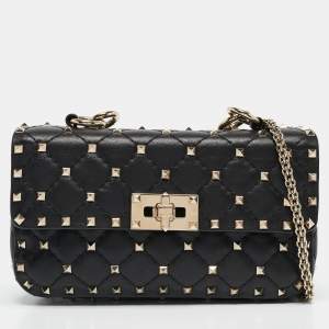 Pre Owned Valentino Black Quilted Leather Small Rockstud Spike Chain Bag