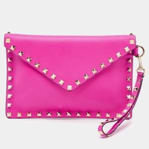 Pre Owned Valentino Fuchsia Leather Rockstud Envelope Wristlet Clutch