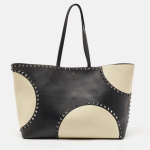 Pre Owned Valentino Black/Ivory Leather Rockstud Shopper Tote