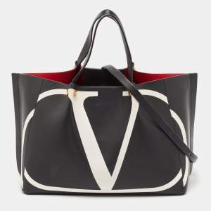 Pre Owned Valentino Black/White Leather Medium VLogo Escape Tote