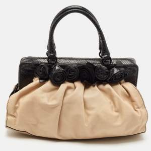 Valentino Beige/Black Leather and Watersnake Lacca Fleur Frame Satchel