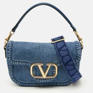 Pre Owned Valentino Blue Denim All Time Flap Shoulder Bag