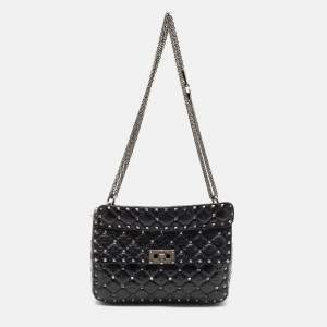 Valentino Black Quilted Crackle Leather Medium Rockstud Spike Top Handle Bag
