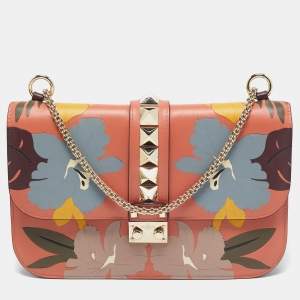 Pre Owned Valentino Multicolor Floral Leather Medium Rockstud Glam Lock Flap Bag