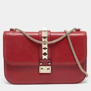 Valentino Red Leather Medium Glam Lock Chain Shoulder Bag