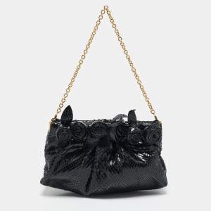 Valentino Black Snakeskin Fleur Chain Clutch
