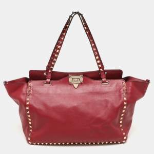 Valentino Red Leather Medium Rockstud Trapeze Tote