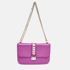 Valentino Pink Leather Medium Glam Lock Chain Shoulder Bag