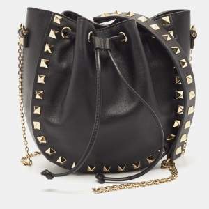 Valentino Black Leather Mini Rockstud Chain Bucket Bag