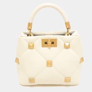 Valentino Cream Quilted Leather Roman Stud Top Handle Bag