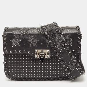 Valentino Black Leather Medium Star Crystal Rolling Rockstud Shoulder Bag