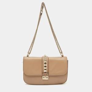 Valentino Beige Leather Medium Glam Lock Shoulder Bag