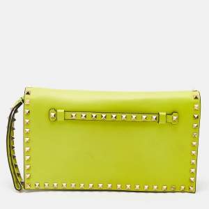 Valentino Neon Yellow Leather Rockstud Flap Wristlet Clutch