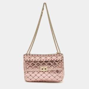 Valentino Metallic Pink Quilted Leather Medium Rockstud Spike Top Handle Bag