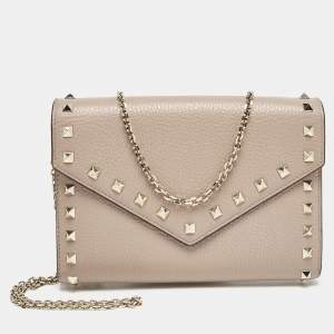 Valentino Beige Leather Rockstud Envelope Wallet on Chain
