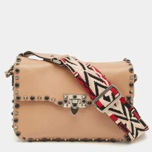 Valentino Beige Leather Medium Rolling Rockstud Shoulder Bag