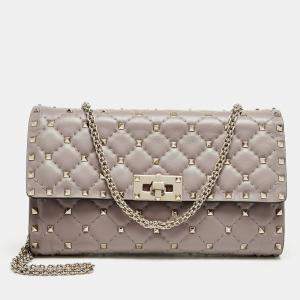 Valentino Beige Quilted Leather Rockstud Spike Wallet On Chain