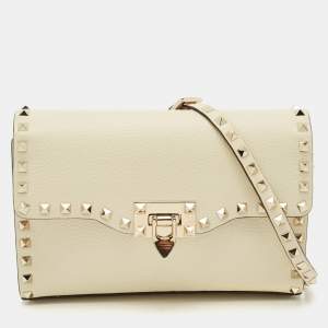 Valentino Off White Leather Rockstud Flap Shoulder Bag