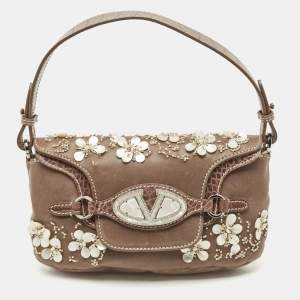 Valentino Beige Croc Embossed and Leather Pearl Embellished VLogo Shoulder Bag