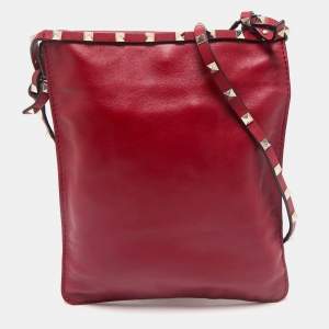 Valentino Red Leather Rockstud Flat Crossbody Bag