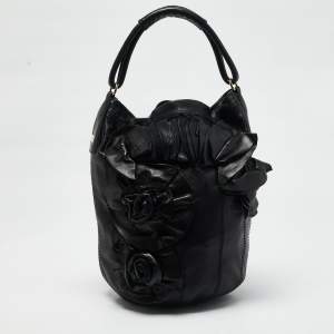 Valentino Black Leather Rosette Bucket Bag
