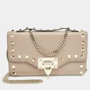 Valentino Beige Leather Rockstud Wallet on Chain