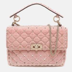 Valentino Peach Quilted Velvet Medium Rockstud Spike Chain Bag