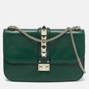 Valentino Green Leather Medium Rockstud Glam Lock Flap Bag