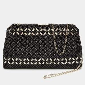 Valentino Black Satin Crystals Frame Chain Clutch