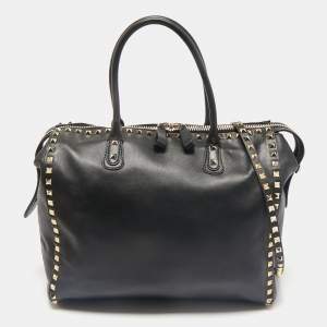 Valentino Black Leather Rockstud Zip Satchel