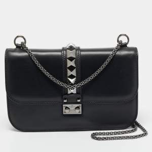 Valentino Black Leather Medium Noir Edition Glam Lock Shoulder Bag