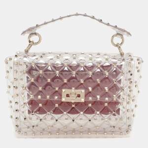 Valentino Clear/Red PVC Medium Rockstud Spike Top Handle Bag