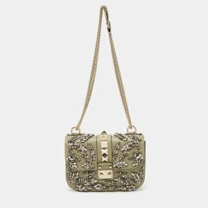 Valentino Olive Green Leather Small Rockstud Glam Lock Crystals Flap Bag