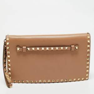 Valentino Beige Leather Rockstud Flap Wristlet Clutch