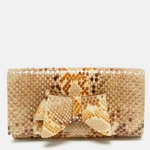 Valentino Beige Python Bow Flap Continental Wallet